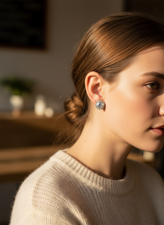 Halo Round Stud Earrings – Silver Tone & Zirconia