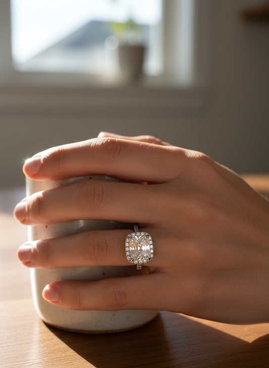 Emerald Cushion Halo Ring – Silver Tone & Zirconia