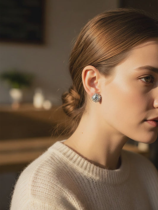 Halo Round Stud Earrings – Silver Tone & Zirconia